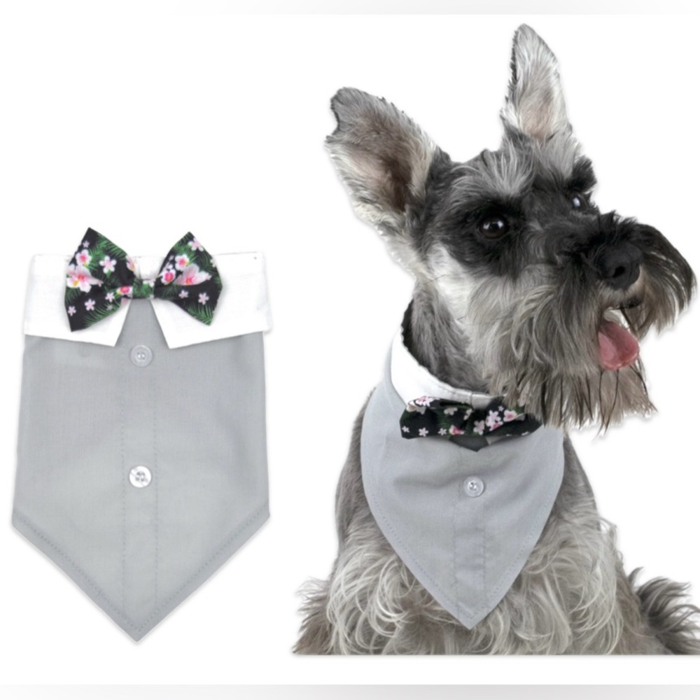 NWT [Vibrant Life] Floral Bowtie Button Gray/White Bandanna Dog Sz Medium/Large